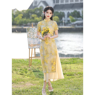 Áo dài sườn xám màu vàng, phong cách mùa hè mới, trẻ trung và thanh lịch, cao cấp và cải tiến