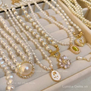 Vòng cổ cao cấp nữ thiết kế retro với kim cương, ngọc trai và hoa tình yêu opal, phù hợp xu hướng thời trang sang trọng