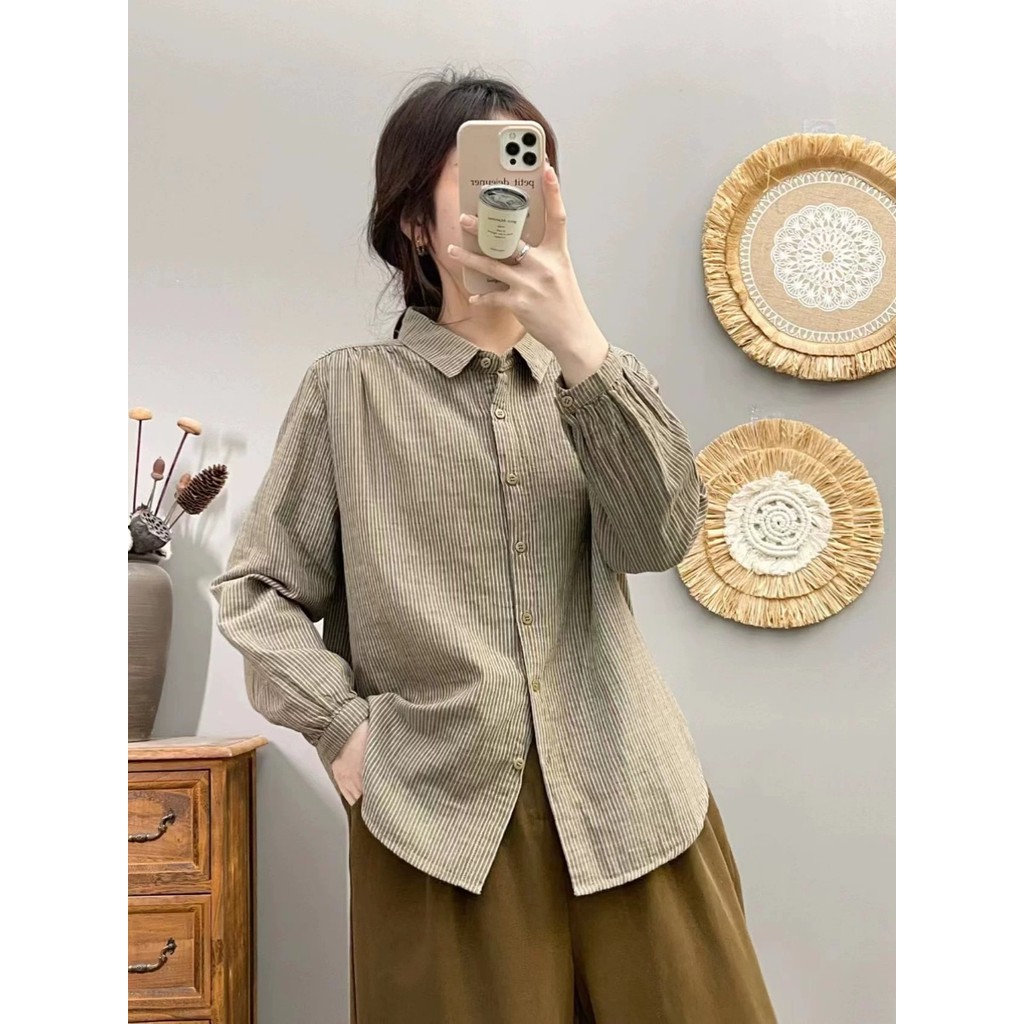 Áo sơ mi nữ cotton chất lượng cao, thiết kế retro, phù hợp xuân thu đa năng