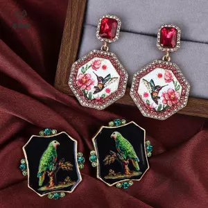 Bông Tai Thời Trung Cổ Tòa Án Cổ Điển Hình Học Vuông Họa Tiết Chim Vẹt Stud - Quà Tặng Đặc Biệt