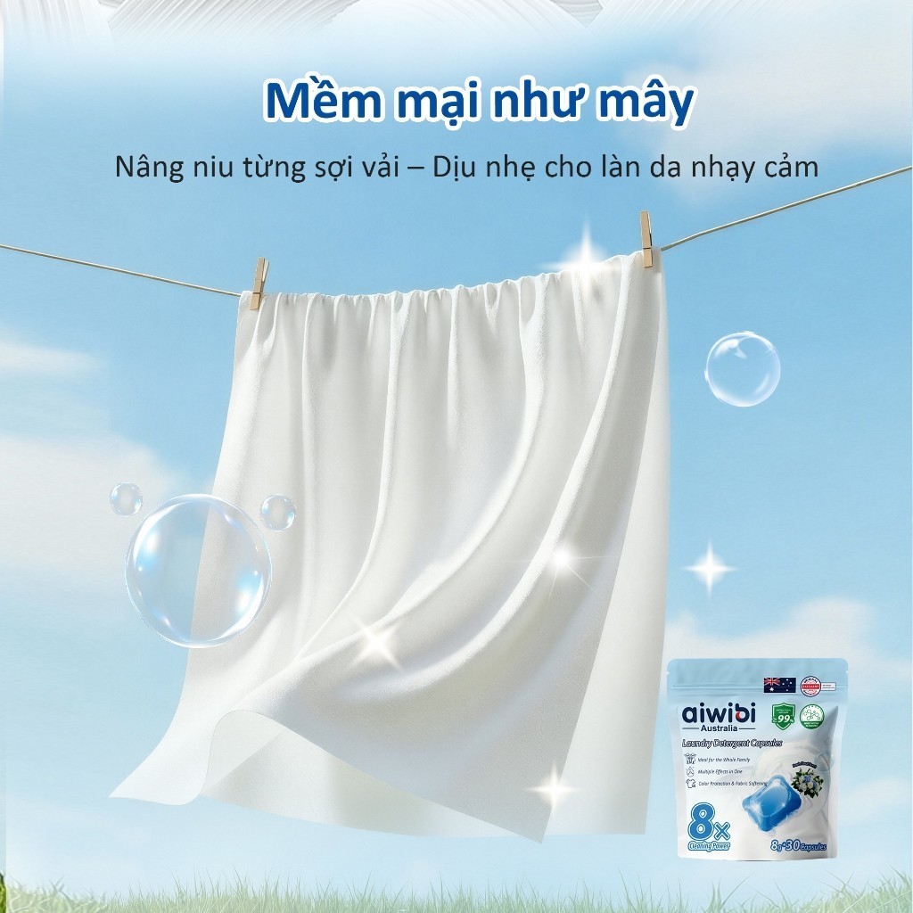 [Combo 3] Túi Viên Giặt Aiwibi  Tiện Lợi (30 viên/túi), Sạch Vượt Trội, Đánh Bay Vết Bẩn - Hương Hoa