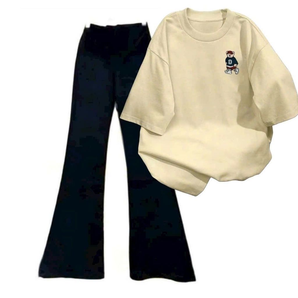 Sét bộ nữ quần ống loe + và áo phông GẤU CHỮ B form rộng unisex