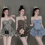 Sét áo kẻ quây xoắn ngực phối chân xoè tầng cực xinh BYJOLIE