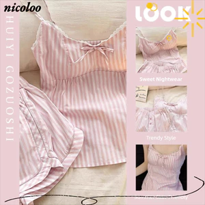 Bộ đồ ngủ NICOLOO, Bộ đồ ngủ dây đeo Spaghetti nơ ngọt ngào, không tay dáng rộng vừa vặn Bộ đồ ngủ Pyjama hai mảnh