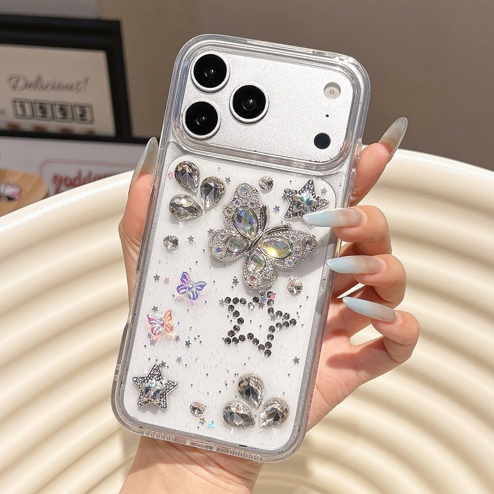 Ốp Điện Thoại Nhựa Bướm Kim Cương 3D Cho iPhone 17 Pro Max 16 15 14 13 Vỏ Bảo Vệ Chống Sốc