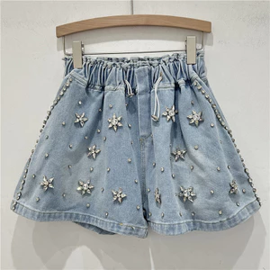 Quần short ống rộng nữ denim retro công nghiệp nặng 2024, thiết kế ôm dáng chữ A, thời thượng