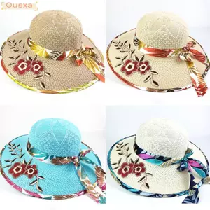 Mũ thêu hoa OUSXA vành rộng, dệt kim gấp gọn, phù hợp đi biển chống tia UV