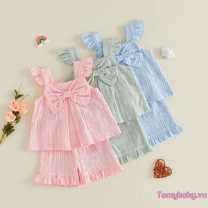 Trang phục mùa hè cho bé gái mới biết đi Nơ trang trí thường ngày Viền cổ vuông Áo bay + Quần short Bộ 2 chiếc