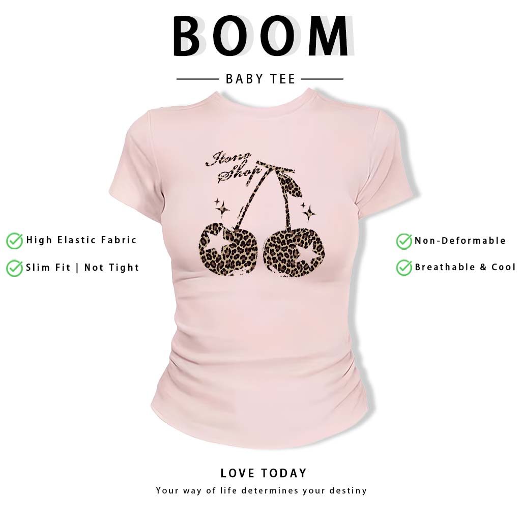 BOOM Áo Baby Tee Nữ Cotton Ôm Body-Áo Thun Ngắn Tay Y2K In Hình PhongCách Mùa Hè, Cổ Tròn Hàng Đầucách hàn quốc phongQ48