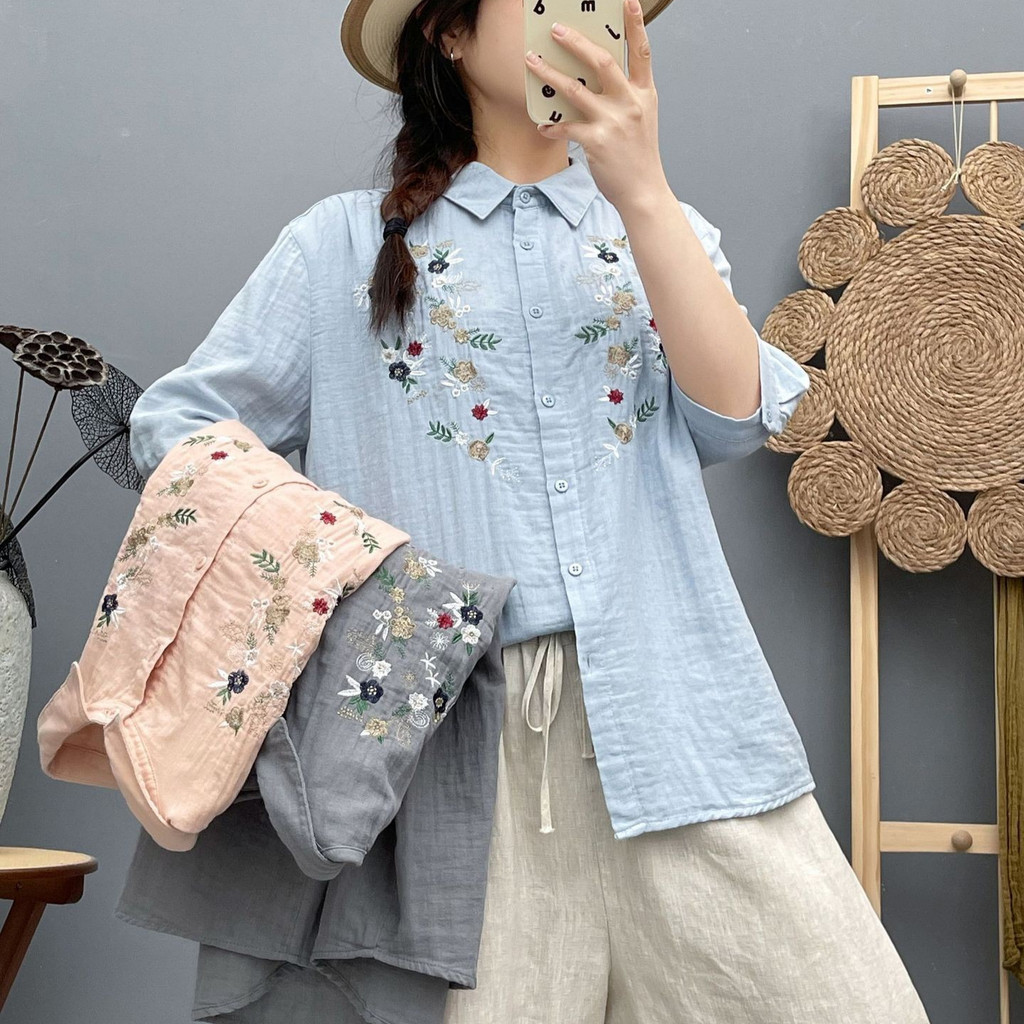 Áo sơ mi nữ 100% sợi cotton cao cấp, thiết kế nghệ thuật gai rời thêu, phù hợp mùa hè