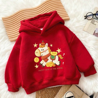 Áo Hoodie chủ đề ngựa đỏ cho trẻ em 2026 Tết Nguyên Đán Áo có mũ trùm đầu thông thường