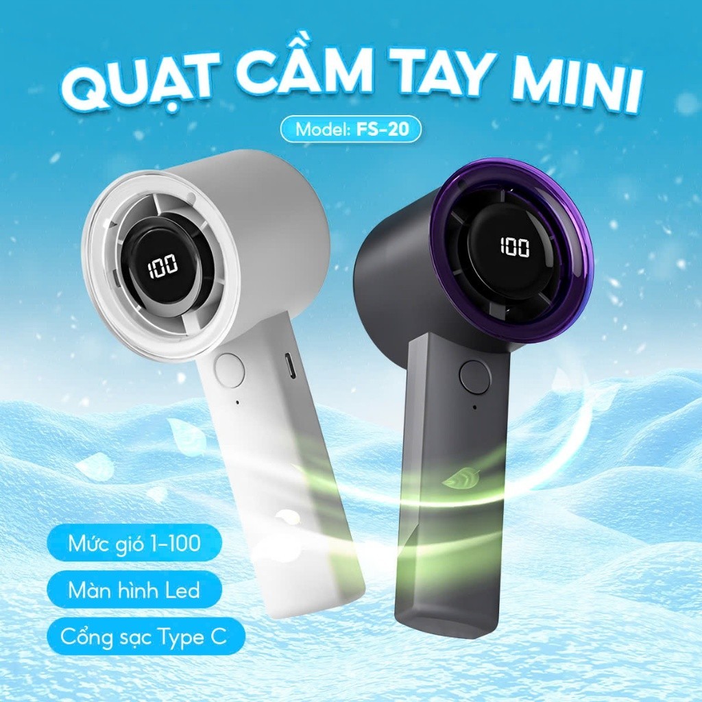 Quạt cầm tay mini màn hình LED, quạt tích điện FS20 pin 4200mAh, mang đi du lịch, đi học, đi làm