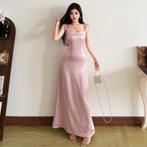 Klalien Thanh Lịch Vintage Sling Quấn Ngực Đầm Maxi Skinny Chia Thoải Mái Nữ Mùa Hè Phong Cách Pháp