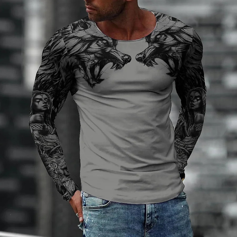 Áo thun nam in hình sói 3D vintage gothic, cổ tròn, phù hợp dạo phố