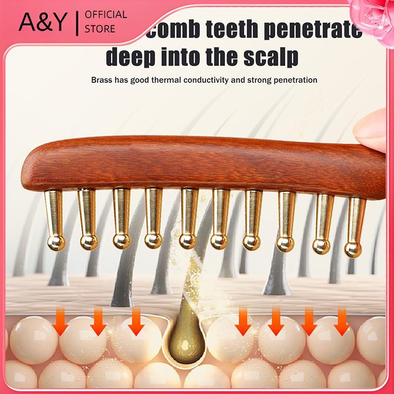 Lược mát xa bằng đồng & gỗ 10 tầng A & Y dành cho kinh tuyến và thư giãn Gỗ đàn hương vàng cạo Guasha Tay cầm dài.