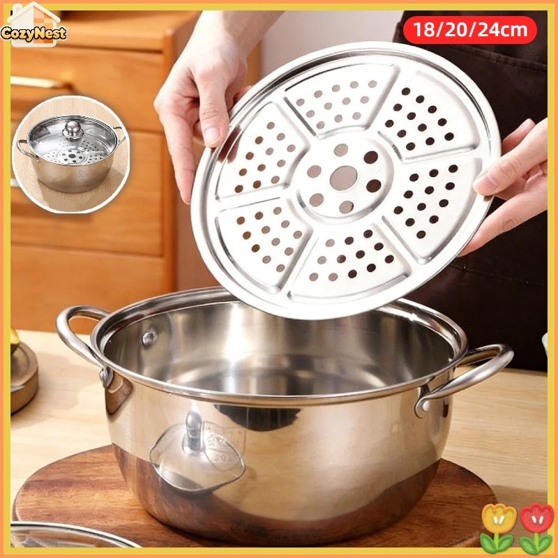 Nồi Inox 304 Đúc Liền Khối 3 Lớp - Chống Dính, Truyền Nhiệt Nhanh, Dùng Mọi Bếp , TẶNG KÈM Vỉ Hấp