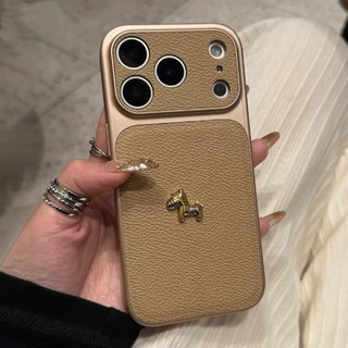 Bảo Vệ Toàn Diện Mạ 3D Ngựa Vàng Cam Da PU Ốp Lưng Điện Thoại iPhone 17Promax 17Pro 13 14 15 16 Pro Max Chống Sốc Nữ Vỏ Điện Thoại Di Động