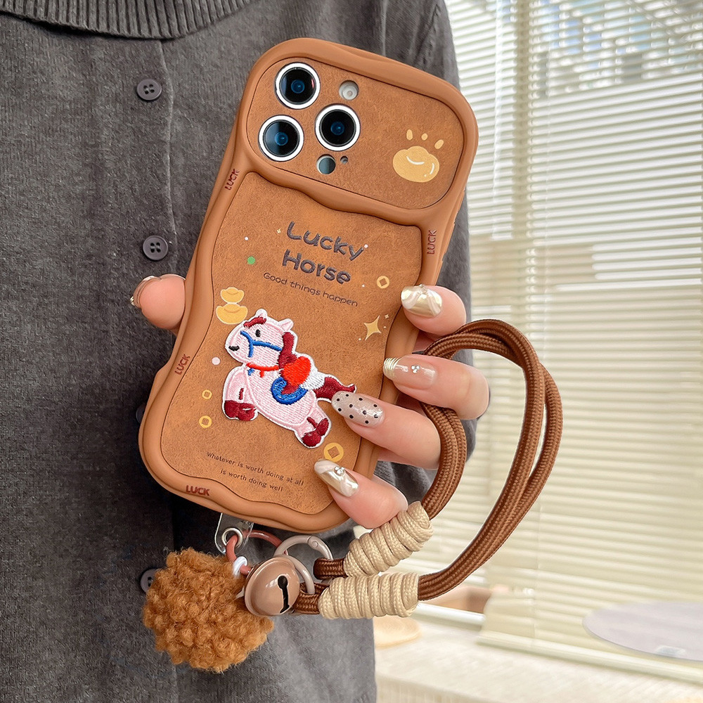 Ốp điện thoại thêu 3D Wealth Horse + Dây buộc sóng cho iPhone 17 Pro Max 16 Plus 15 14 13 Vỏ bảo vệ chống sốc