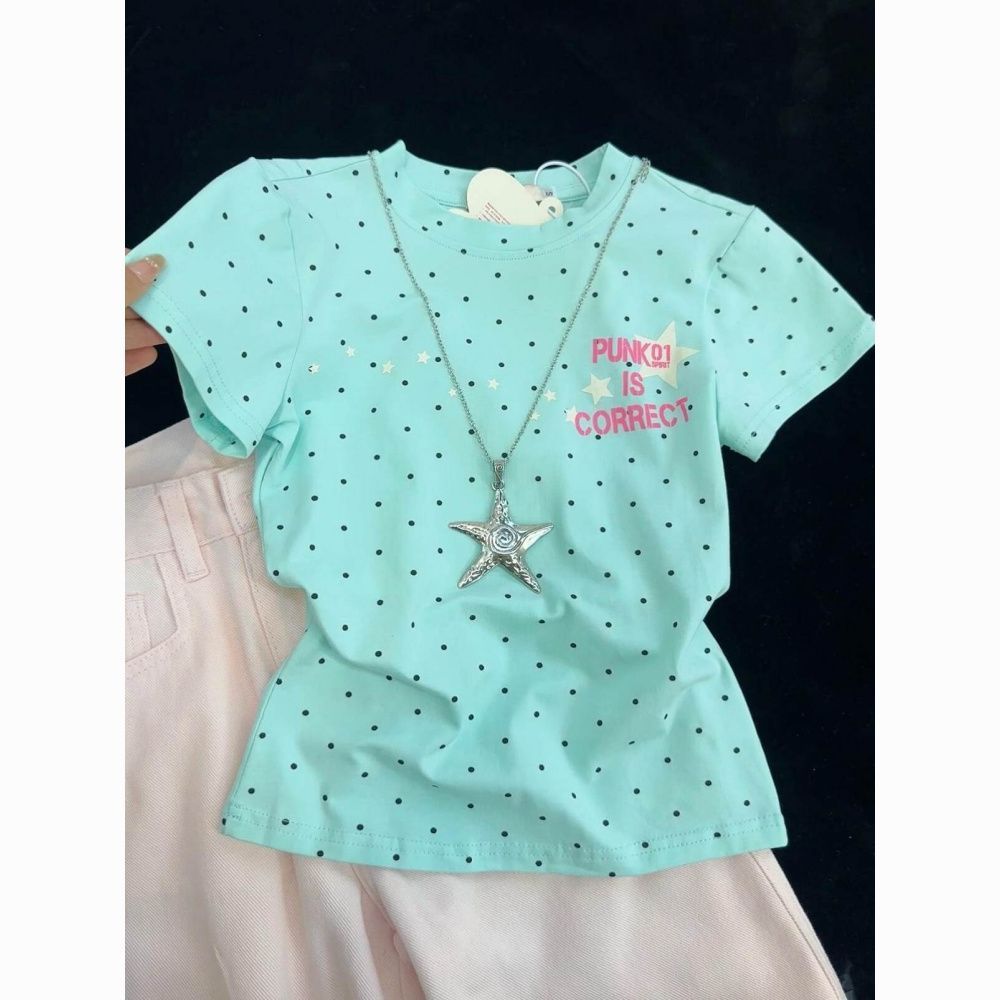 Bán buôn áo thun nữ retro chấm bi in chữ màu bạc hà xanh, form slim-fit