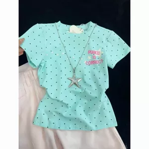 Bán buôn áo thun nữ retro chấm bi in chữ màu bạc hà xanh, form slim-fit