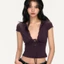 Áo thun viền ren IAPPORTUNIA, Áo thun cổ chữ V sâu màu trơn mỏng, Áo Crop top ngắn tay Slim Fit