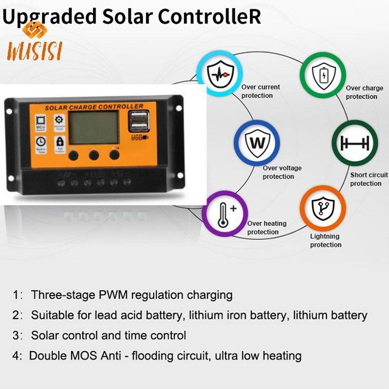 [WUSISI] Bộ điều khiển năng lượng mặt trời LCD 12V / 24V 30A 20A 10A Bộ điều chỉnh sạc năng lượng mặt trời Bộ sạc pin PWM Màn hình LCD USB kép 5V 2.5A Đầu ra MOS MỚI