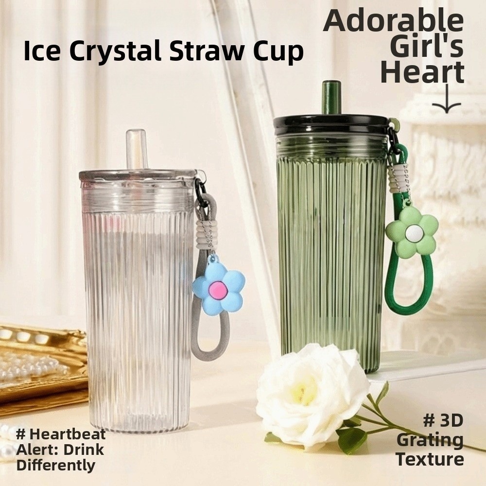 Cốc Rơm Nhựa Mùa Hè AWNGD, Cốc Nước Sinh Viên Chống Rò Rỉ Dung Tích Lớn 650ML, Di Động Có Nắp & Dây Treo Mặt Dây Chuyền Hoa Trong Suốt Cốc Uống Thể Thao Ngoài Trời