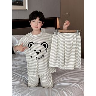 Đồ bộ ngủ trẻ em sọc gấu dễ thương – áo thun + quần dài/ngắn, mềm mịn thoáng mát, mặc nhà unisex