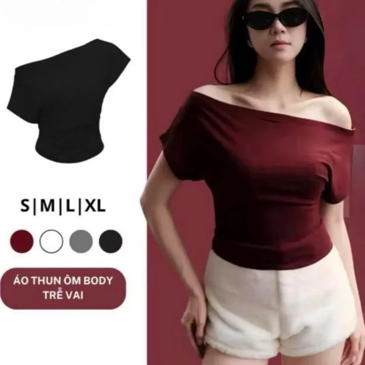 A112c Áo croptop trễ vai cánh dơi nữ , áo croptop ngắn tay gợi cảm thun cotton size dưới 53kg