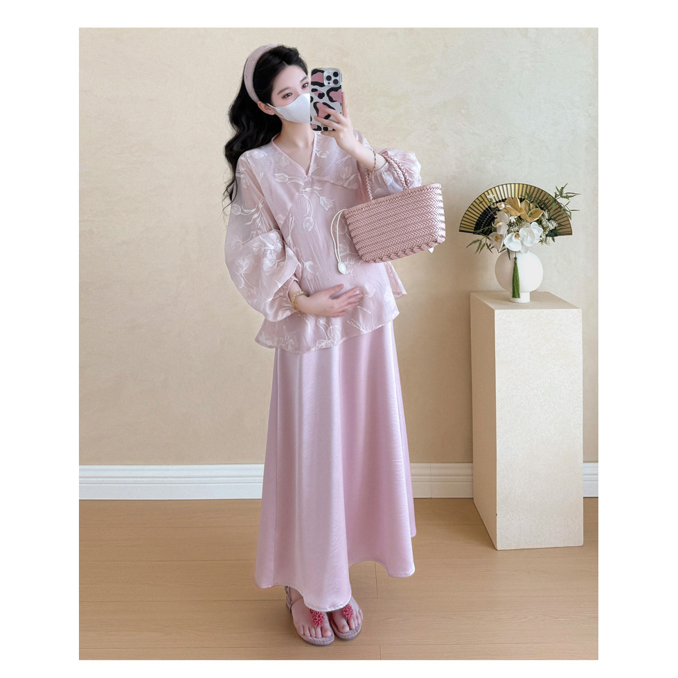 Bộ đồ bà bầu mùa hè phong cách Hàn Quốc, thiết kế jacquard và váy đeo chéo cỡ lớn
