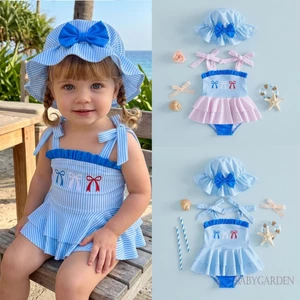3m-4y Bé Gái Tankini Đồ Bơi Và Mũ Bơi Xù Viền Nơ Sọc In Hình Đồ Bơi Không Tay Cho Bé Tập Đi Bộ Đồ Tắm