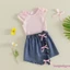 Trang phục mùa hè 2 mảnh dành cho bé gái mới biết đi Áo có gân tay bay + Váy Denim xù có nơ