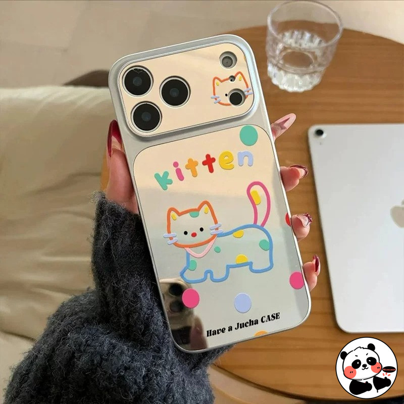 Ốp điện thoại gương mèo dễ thương Ins Style cho OPPO Reno 15C 15 Pro Max Mini 14 13 Pro Find X9 X8S X8 Plus Pro Ultra K12X 5G 4G Vỏ mềm màu bạc hoạt hình