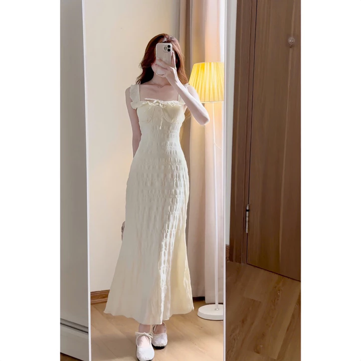 Váy maxi Hai dây ôm body dáng dài cánh tiên phong cách Hàn Quốc, Váy Hai Dây Cup Ngực Đuôi Cá