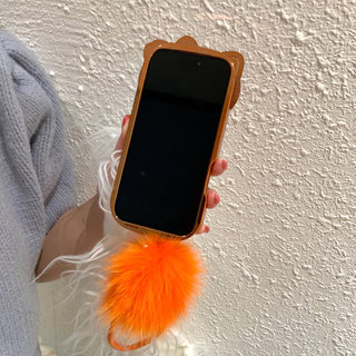 Ốp lưng iPhone tai mèo Bling màu cam có dây đeo cổ tay Pom-Pom | Ốp Điện Thoại Lấp Lánh Lấp Lánh Lấp Lánh Cho iphone 17 17ProMax 17Pro 16 15 14 Vỏ