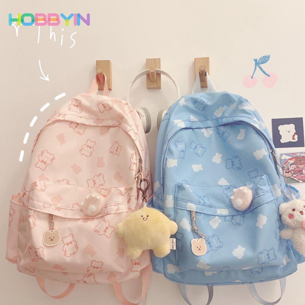 Túi đi học HOBBYIN, Ba lô đi học vải di động, Túi du lịch họa tiết gấu dễ thương dung tích lớn chất lượng cao