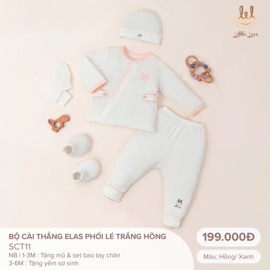Bộ Sơ sinh cài thẳng [ Vải Elas mềm mịn mát, co dãn tốt ]Lil Little Love (SCT11) tặng kèm sét mũ, bao tay chân Hoặc yếm