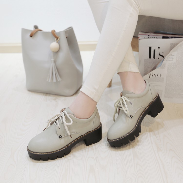 VNFF34-43 Kích Thước Lớn Mùa Xuân Phong Cách Mới Mũi Tròn Giày Gót Dày Phong Cách Châu Âu Mỹ Buộc Dây Giữa Động Cơ Thời Trang Đi Làm Giày Đế Dày
