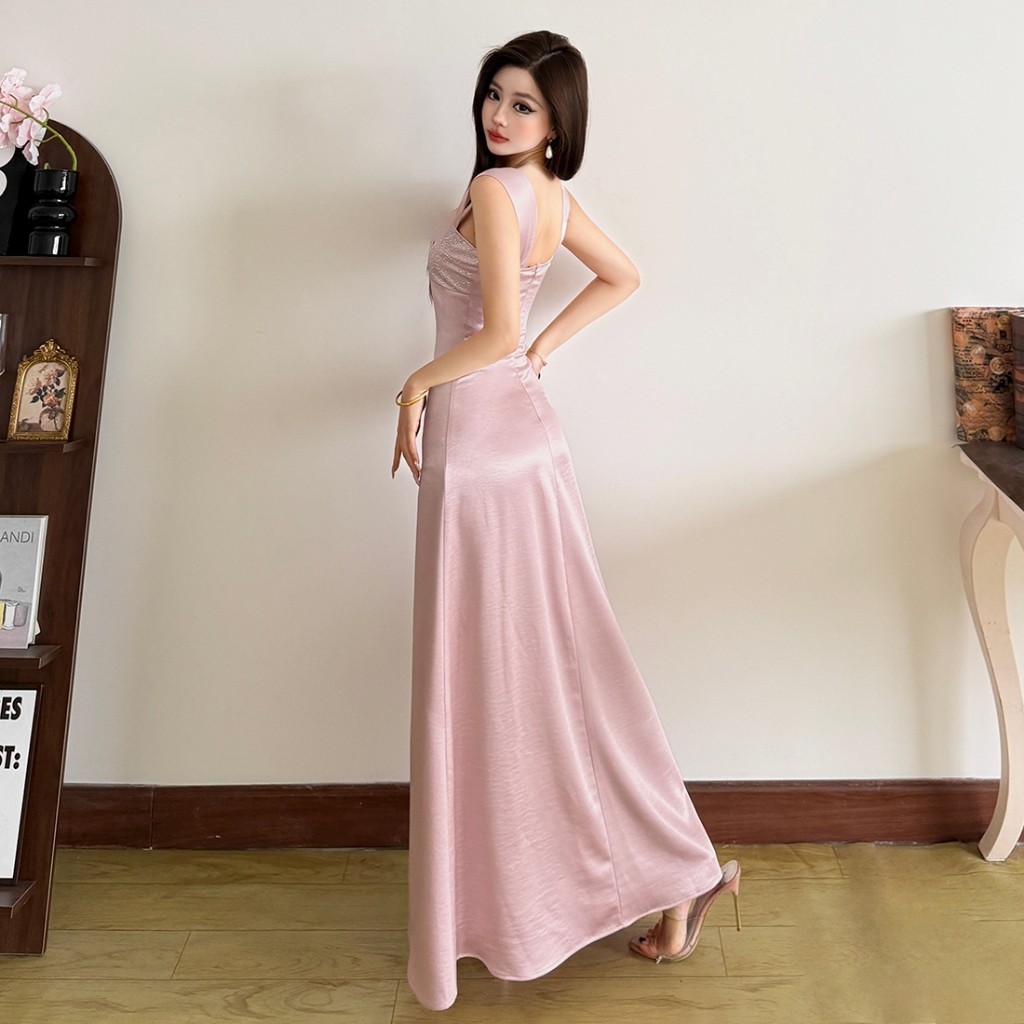 Klalien Thanh Lịch Vintage Sling Quấn Ngực Đầm Maxi Skinny Chia Thoải Mái Nữ Mùa Hè Phong Cách Pháp
