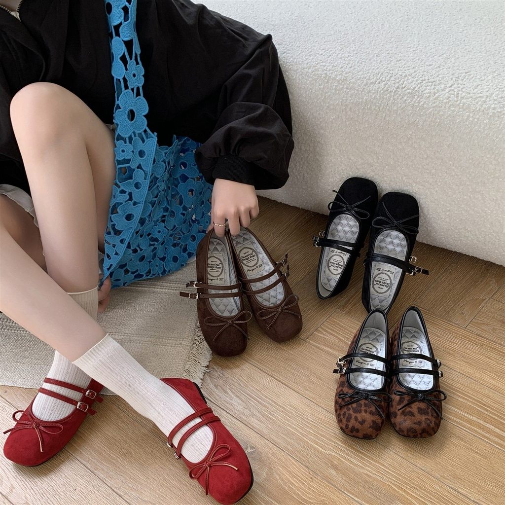 TT Đen Ballet Giày Đế Bằng Nữ Phù Hợp Với Váy Nơ Mary Jane Giày