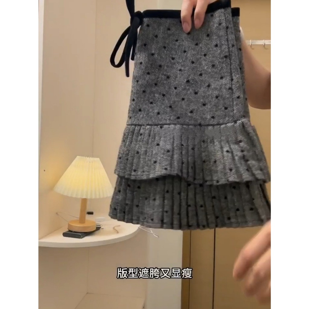 Váy chữ A kích thước lớn, phong cách thu đông mới, chất liệu len chấm bi, thiết kế eo cao mỏng nhẹ