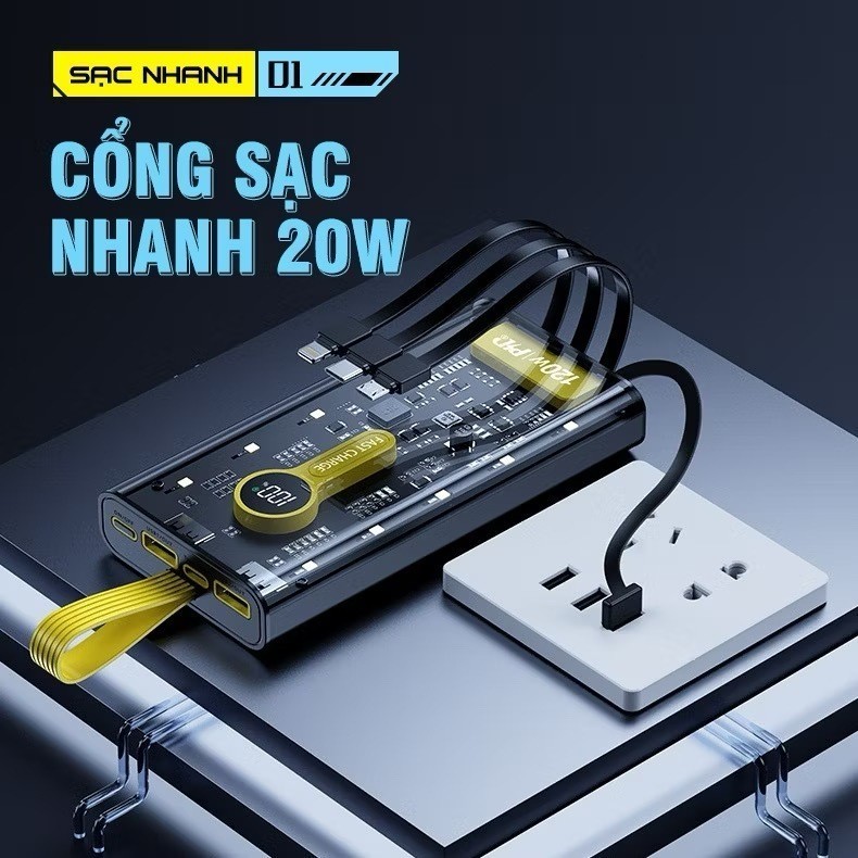 Pin dự phòng 50000mAh sạc nhanh 22.5W trong suốt kèm 4 dây sạc tiện lợi đèn LED chiếu sáng