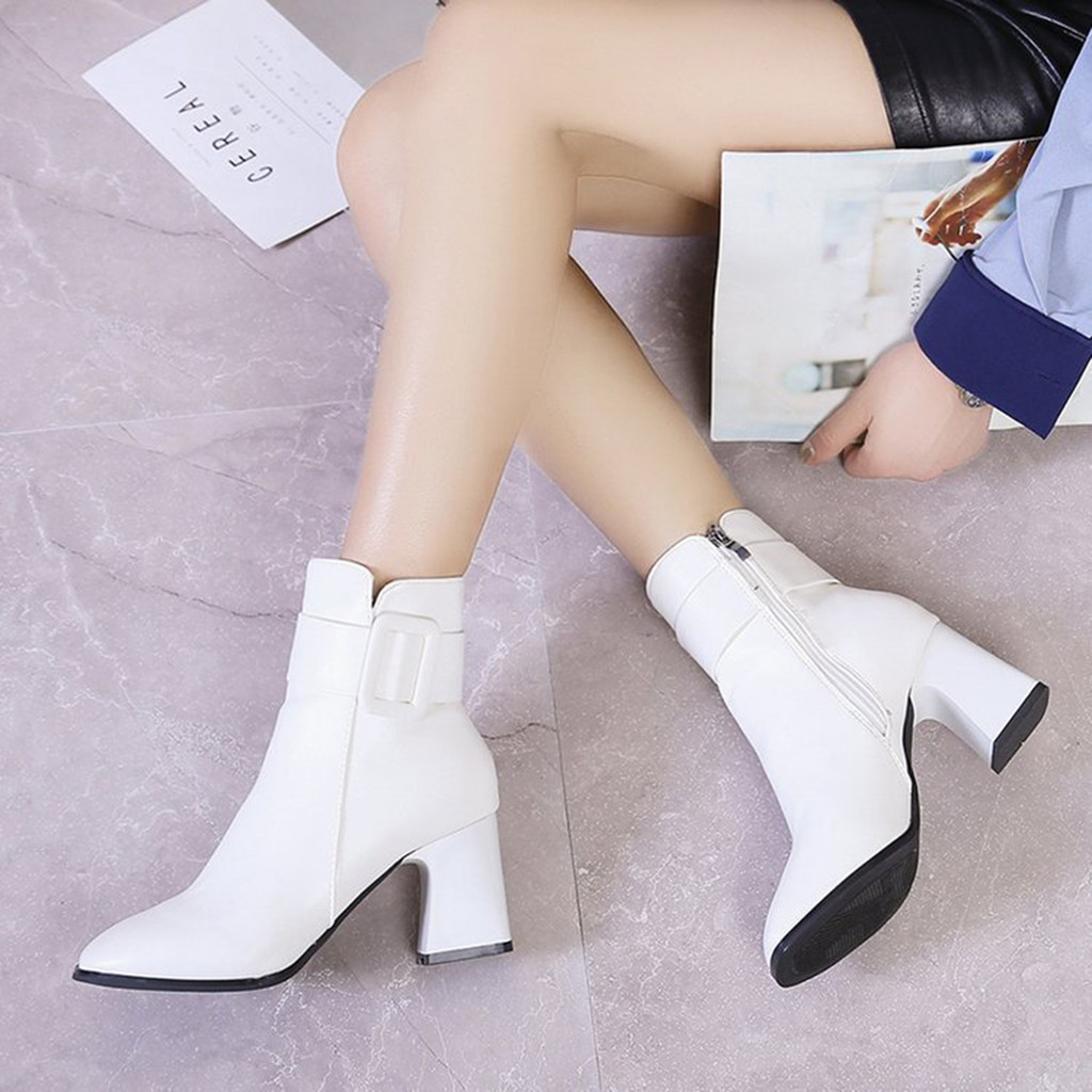 Giày bốt cao gót màu trơn dành cho nữ không cần mài chân Giày bốt da dành cho nữ Cô gái trẻ mặc