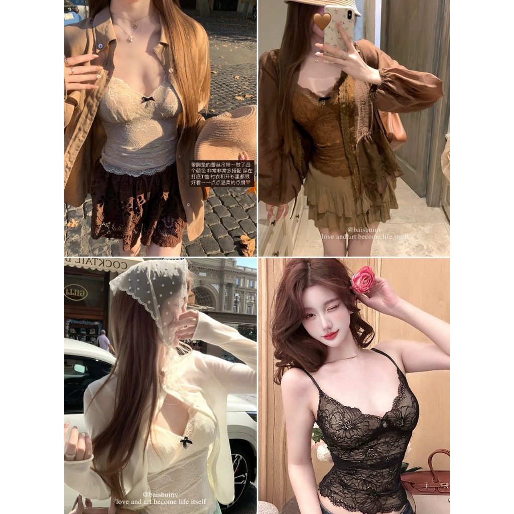 Phong Cách Hàn Quốc Phong Cách Mới Pure Desire Phong Cách Ren Cổ Chữ V Sâu Gợi Cảm Với Miếng Lót Ngực