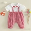 Bé Gái Ngày Lễ Tình Nhân Jumpsuit Chắp Vá Tay Ngắn Búp Bê Cổ Nút Lên Kẻ Sọc Áo Liền Quần
