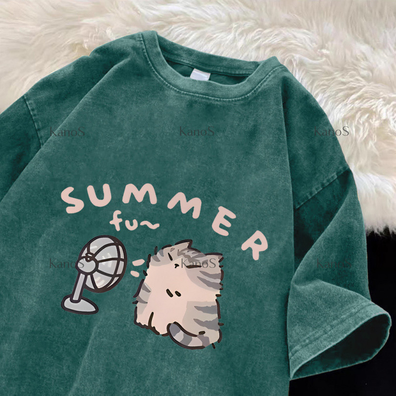 Kanos_shop | áo thun mèo, Hàn quốc dễ thương Cat with a fan print 100% cotton áo sơ mi tay ngắn