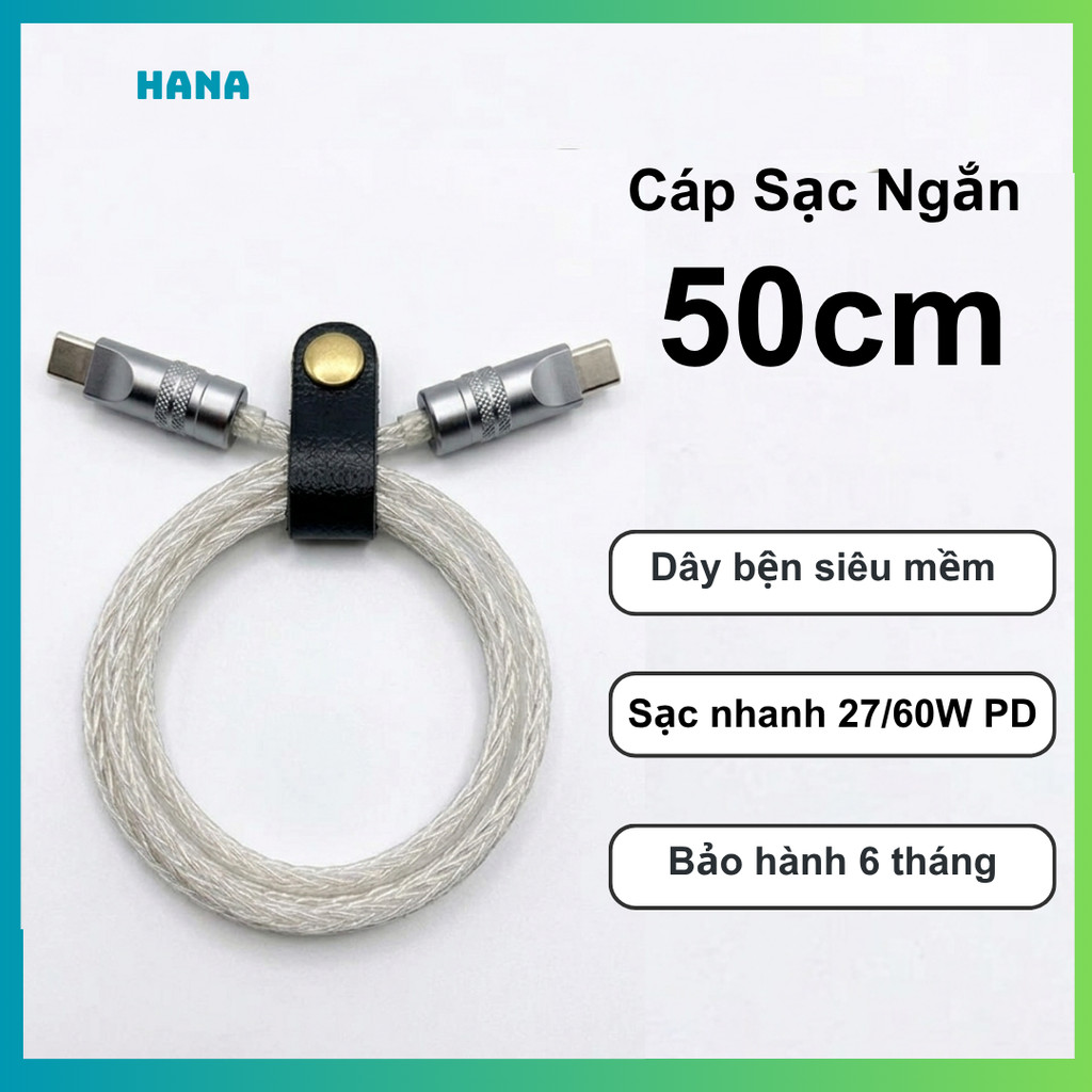 Cáp Sạc Nhanh Ngắn 50cm - Truyền Dữ Liệu 480Mbps - 27/60W PD - Dây bện lưới - Bảo Hành 6 Tháng