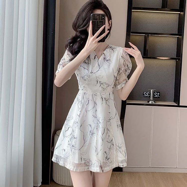 Váy mini hoa mùa hè dành nữ dáng nhỏ, ôm eo, tôn dáng, che khuyết điểm, cổ áo kiểu Pháp, váy ngắn thời trang