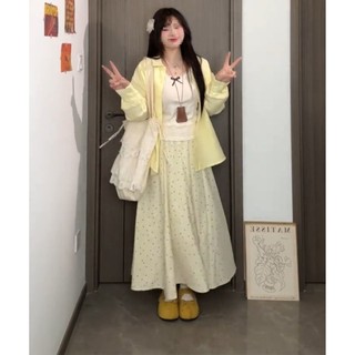 Bộ ba món size lớn phong cách thanh lịch cho nữ gồm áo khoác ngoài + áo camisole + chân váy