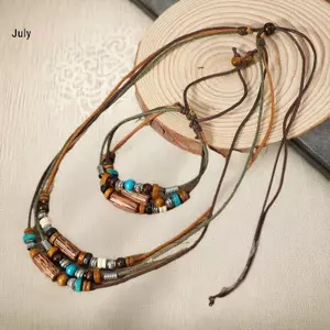 JULY HOT - Bộ 2 Chiếc: Dây Chuyền Nhiều Lớp Hạt Gỗ và Bracelet Da Đính Hạt Phong Cách Vintage